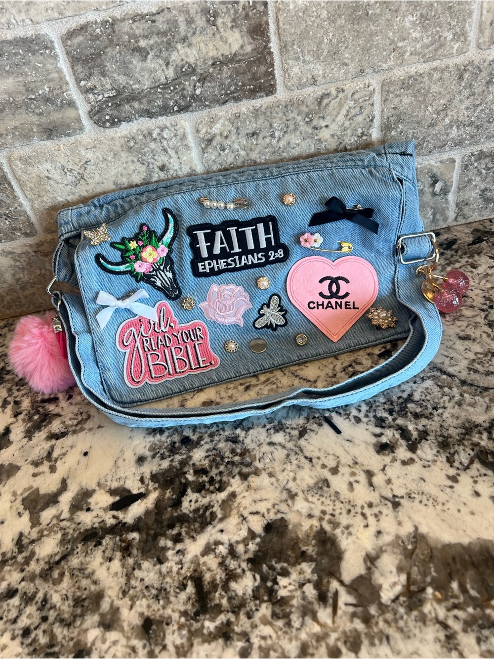 Denim Crossbody ‘Junk’ Multicolor Embroidered Patches Purse 🍒🌸💎